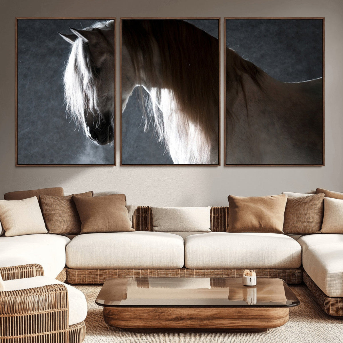 Large Wall Art Cream Colored Horse on Grey Background Canvas