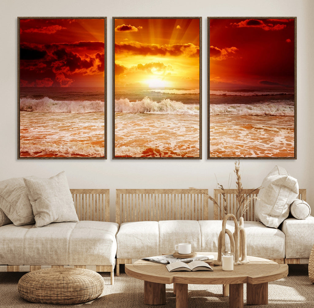 Red Sunset Ocean Beach Canvas Wall Art, Coastal Sunset Print