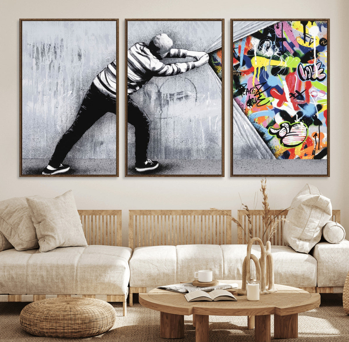 Banksy Art Behind the Curtain Street Wall Art Canvas Print | Urban Graffiti Style Wall Decor