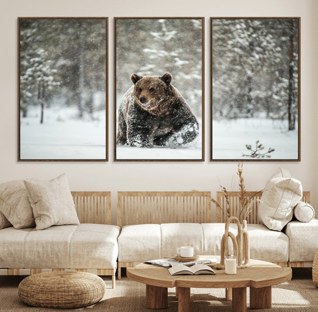 Grizzly Bear Wall Art | Framed Snowy Forest Canvas Artwork