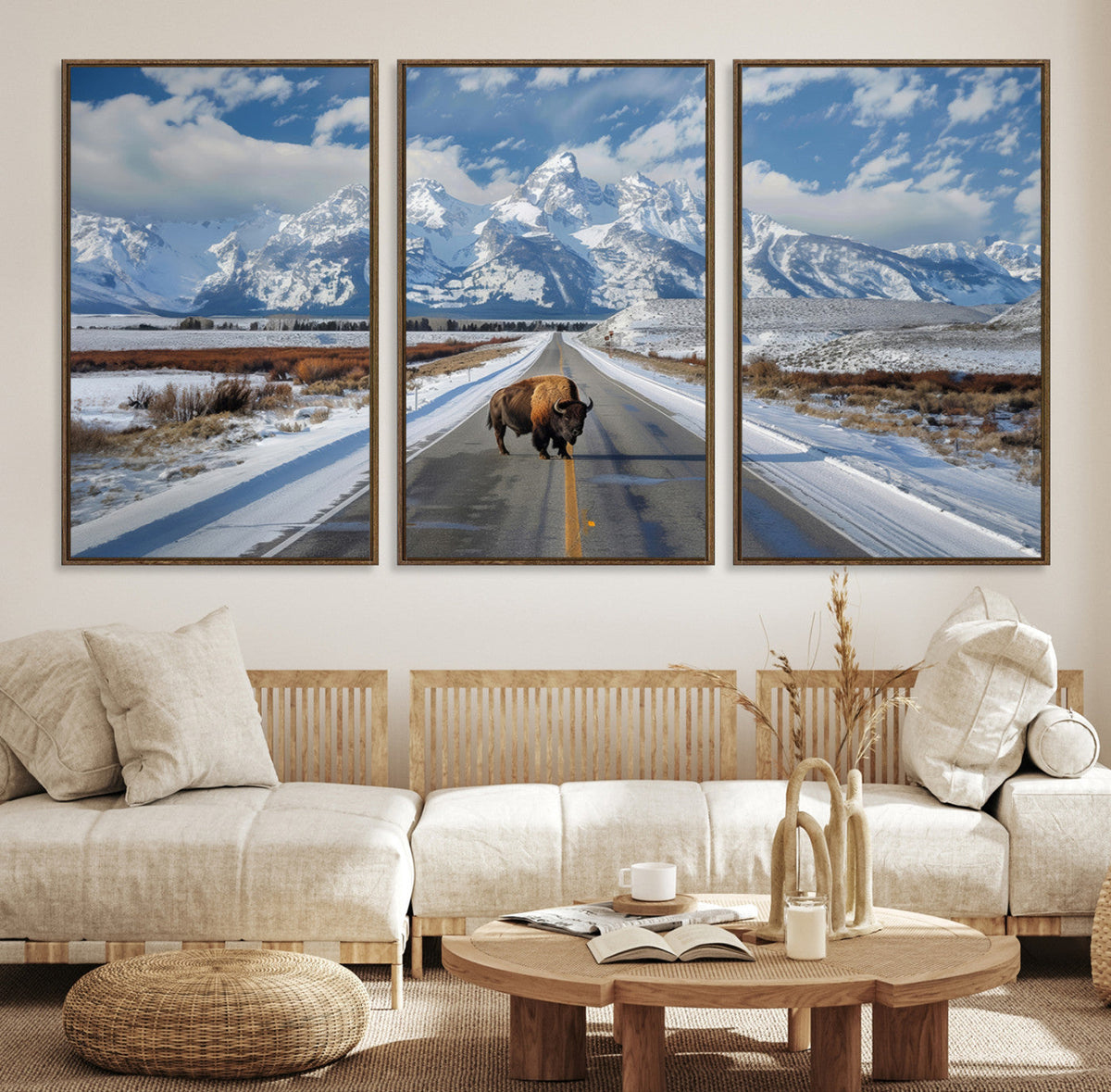 Bison Wall Art | Snowy Road Wall Art | Framed Mountain Landscape Canvas