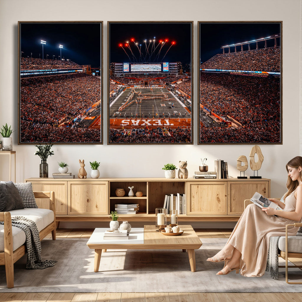Texas Stadium Night Game Wall Art Canvas Print, Vibrant Football Fireworks Scene