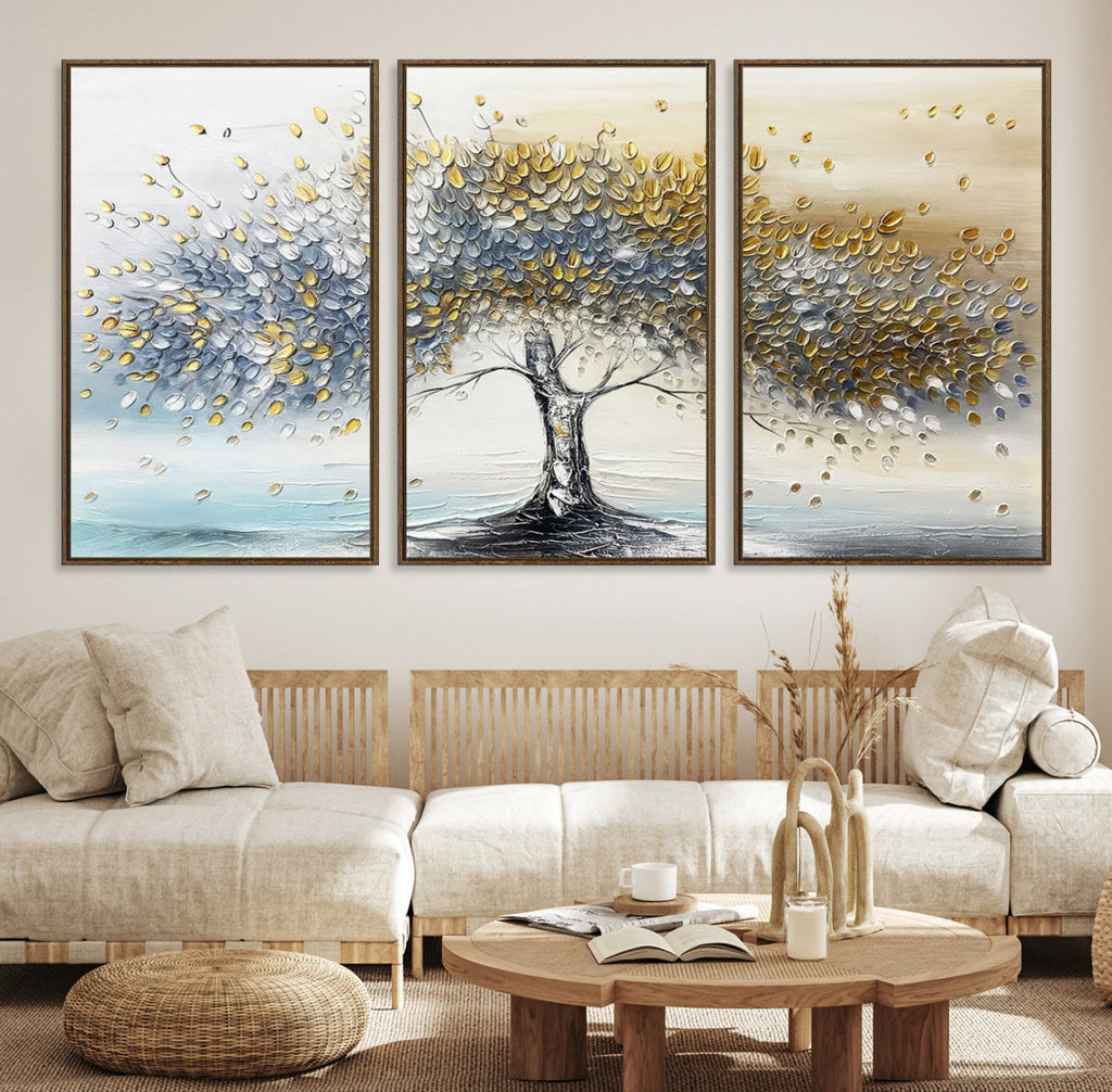 Silver Tree Wall Art | Framed Golden Leaves Canvas Artwork