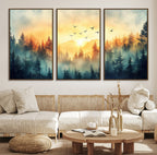 Sunrise Forest Wall Art | Framed Misty Pines Canvas Artwork