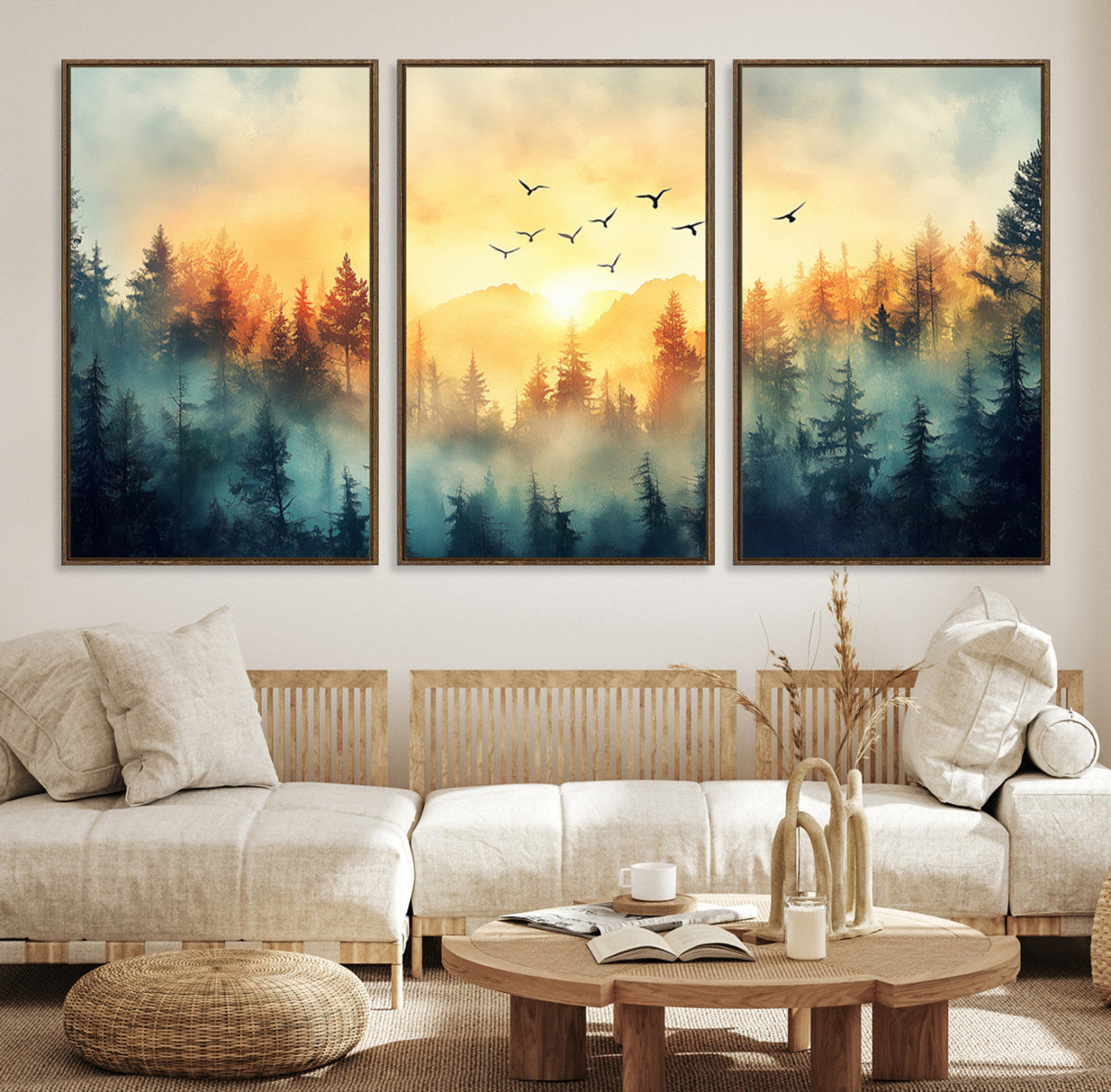 Sunrise Forest Wall Art | Framed Misty Pines Canvas Artwork