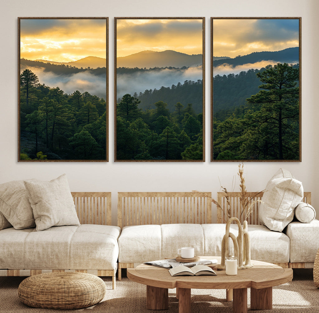 Mountain Sunrise Wall Art | Framed Pine Forest Canvas