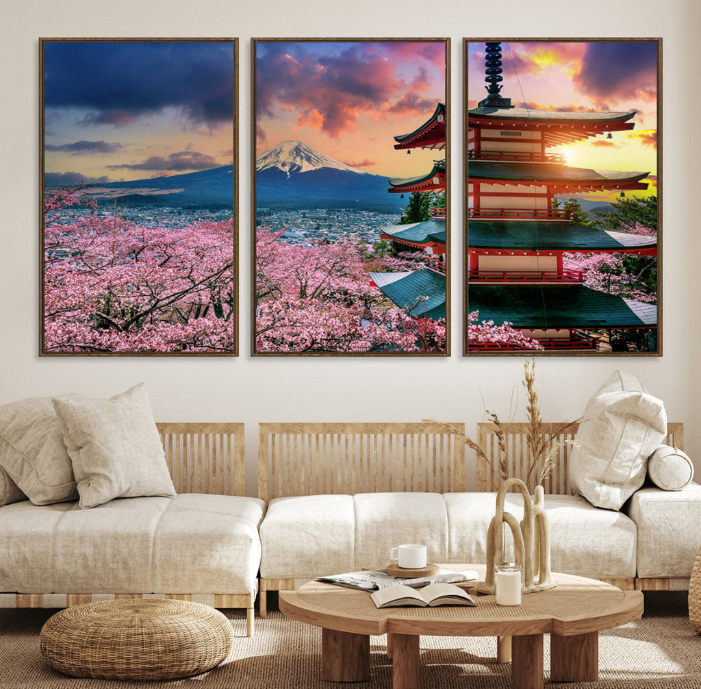 Mount Fuji Cherry Blossom Wall Art Canvas Print | Framed Pagoda Sunset