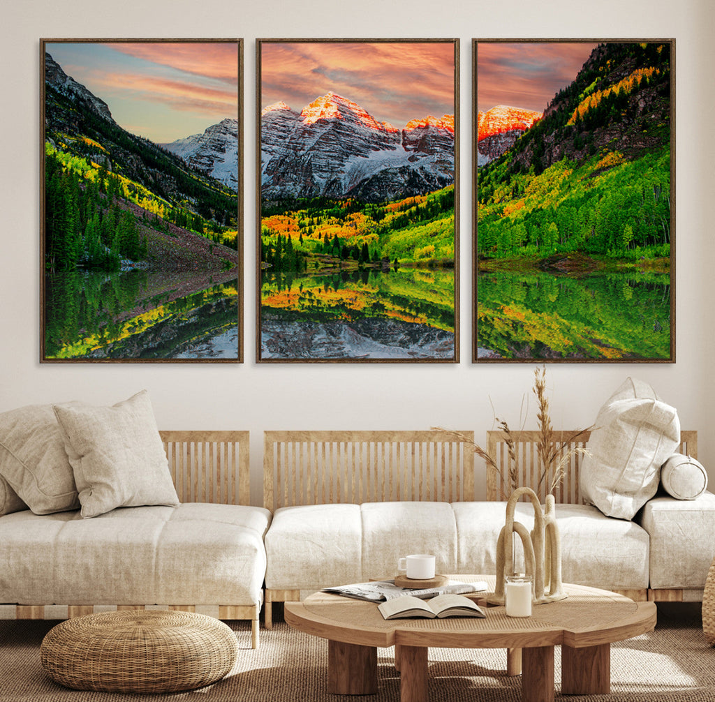 Sunset Glow Mountain Wall Art Canvas Print | Peaks, Green Forest and Lake