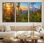 Forest Sunset Wall Art Canvas Print | Green Pines in Golden Light
