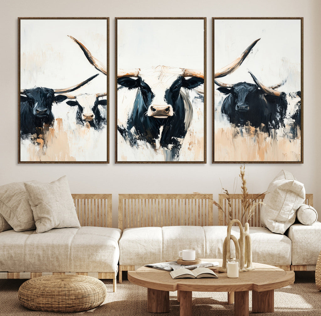 Texas Longhorn Wall Art Canvas Print | Majestic Horned Bull in Black and White