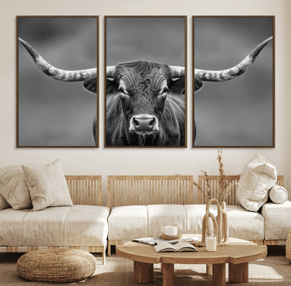 Texas Longhorn Wall Art Canvas Print, Framed Western Bull Photography, Rustic Log Cabin Decor