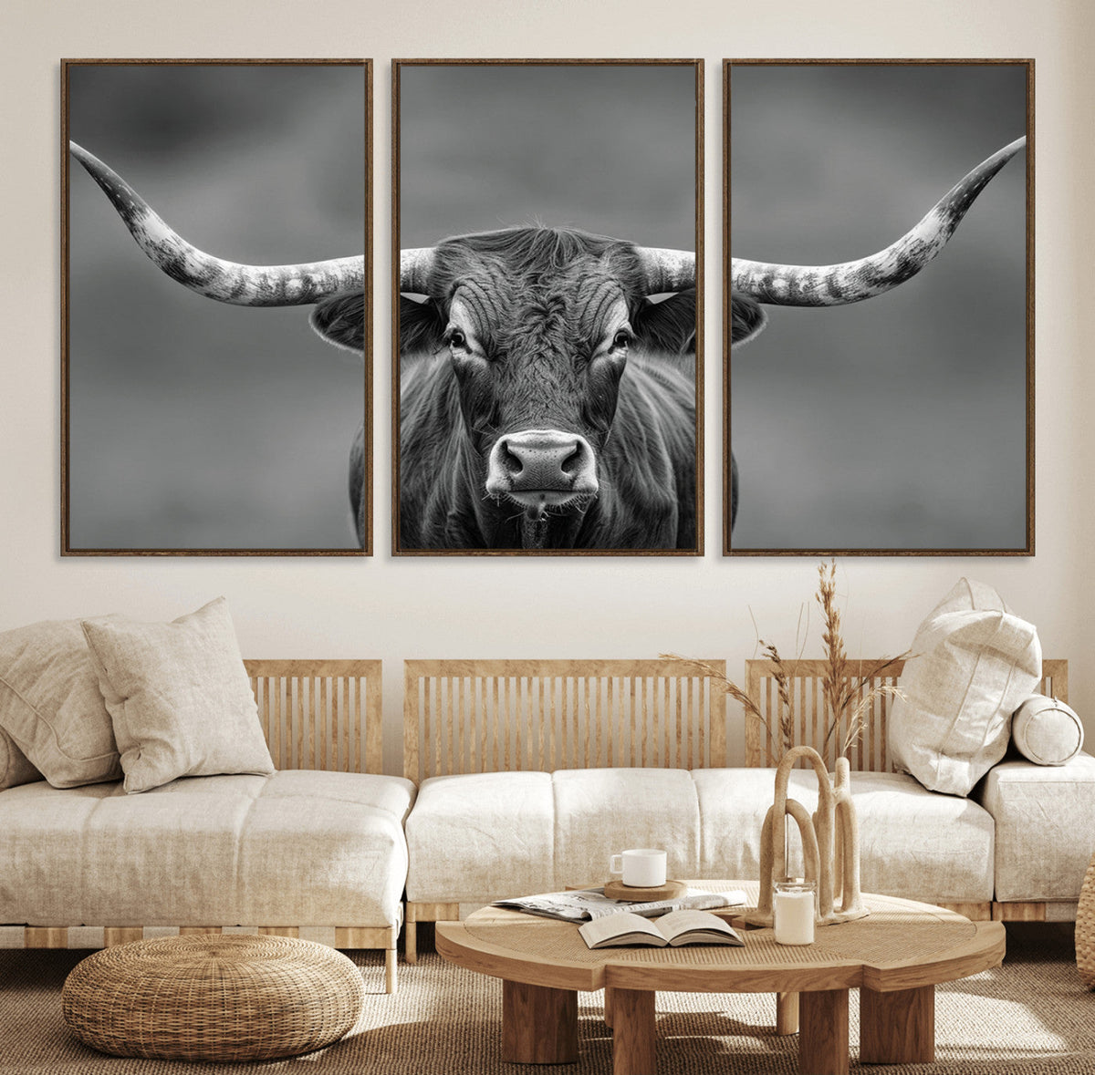 Texas Longhorn Wall Art Canvas Print, Framed Western Bull Photography, Rustic Log Cabin Decor