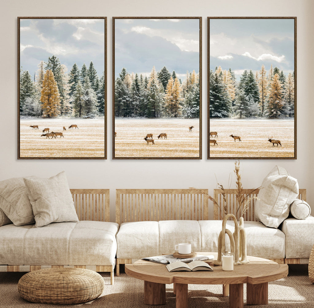Elk Herd Wall Art, Framed Snowy Forest Canvas Artwork
