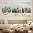 Elk Herd Wall Art, Framed Snowy Forest Canvas Artwork