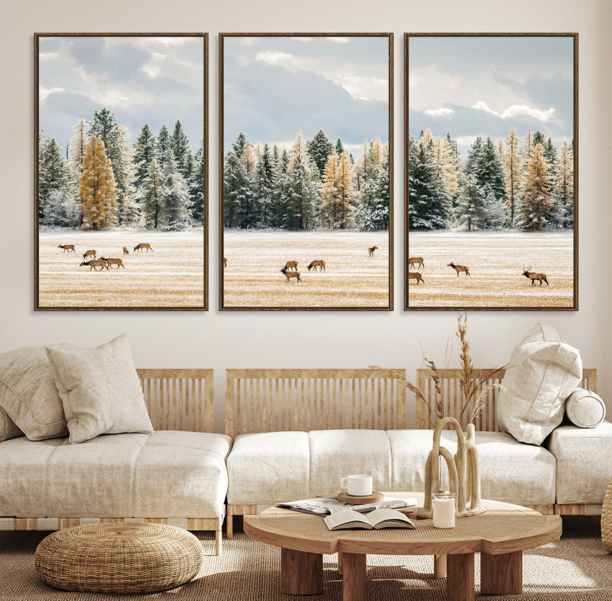 Elk Herd Wall Art, Framed Snowy Forest Canvas Artwork