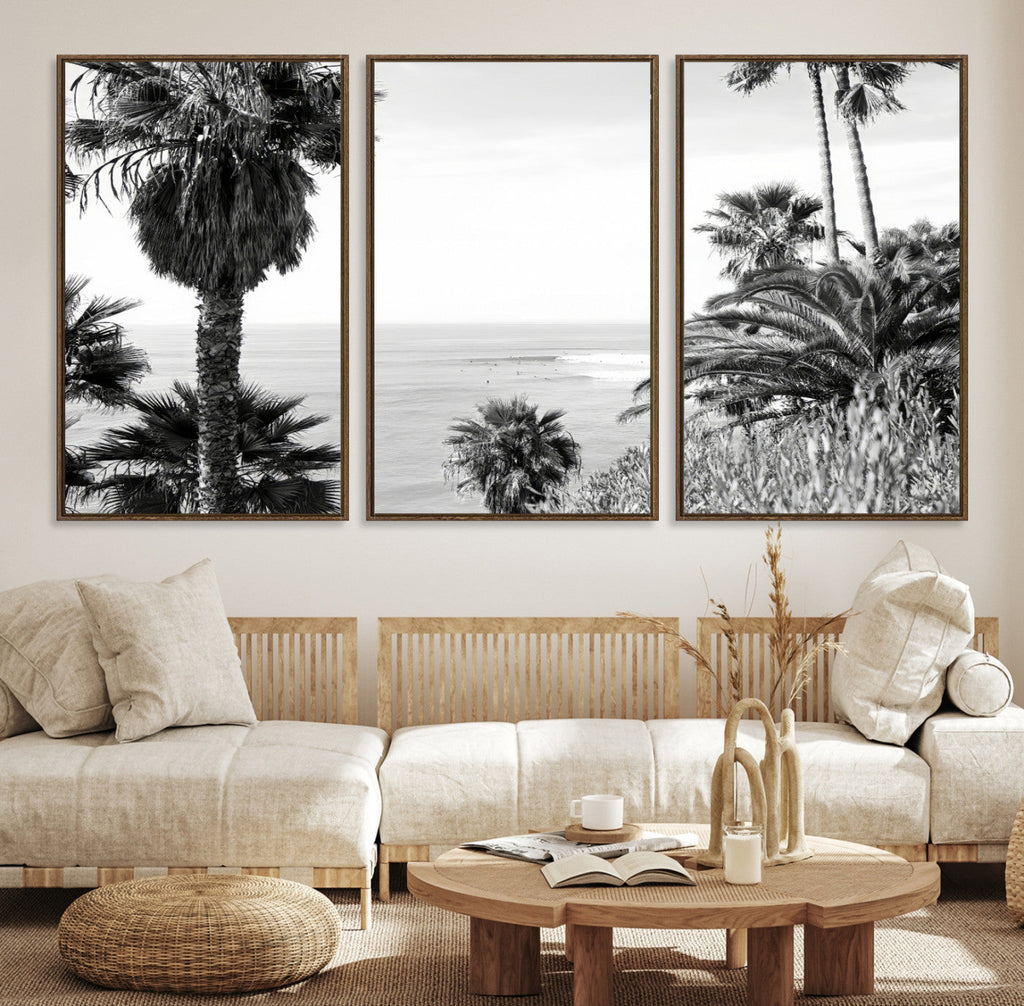 Palm Trees Wall Art Canvas Print, Framed Coastal Ocean Horizon Monochrome Art