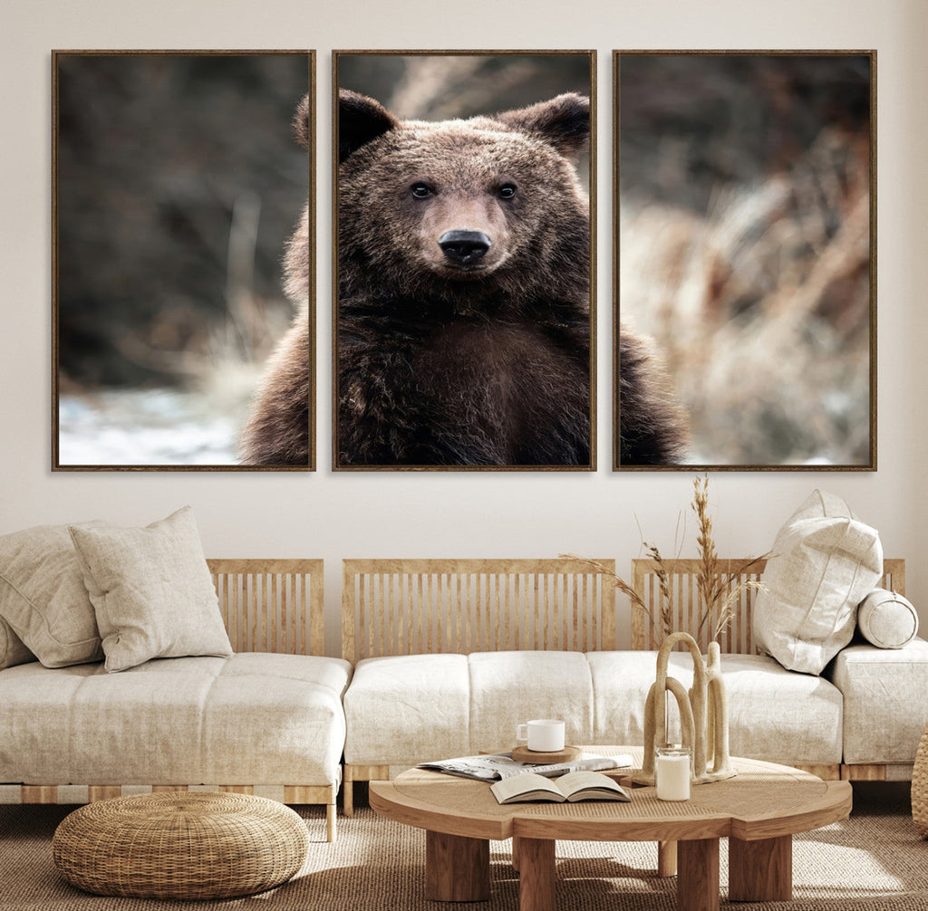 Brown Bear Wall Art Canvas Print, Framed Majestic Woodland Wildlife Cabin Art