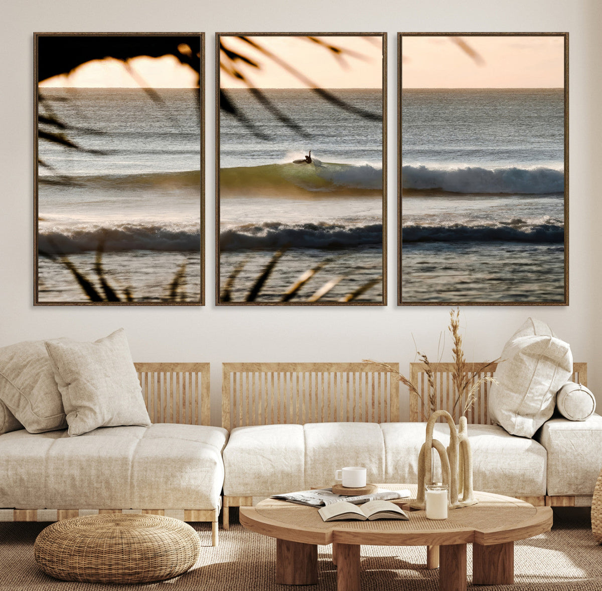 Sunset Surf Wall Art Canvas Print, Framed Golden Hour Waves Boho Beach Art