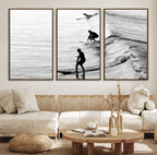 Surfers on Waves Wall Art Canvas Print | Framed Black and White Surf