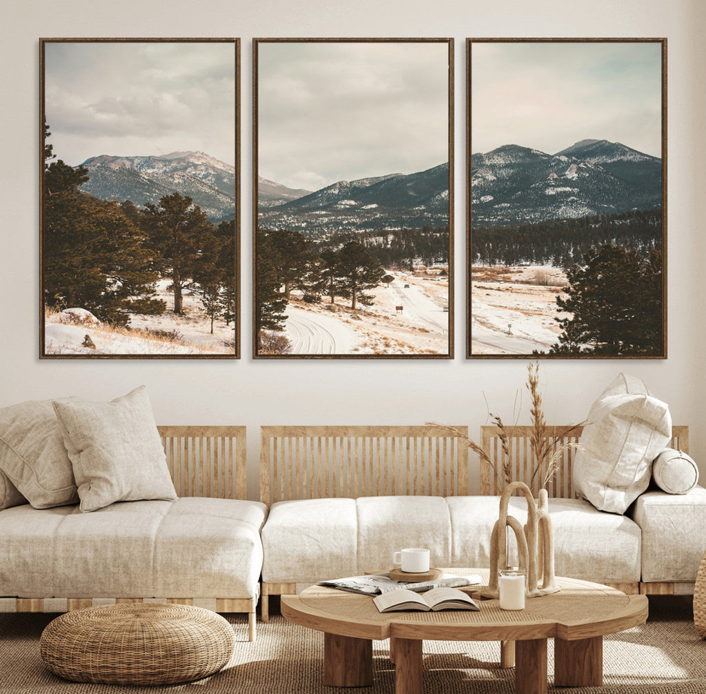 Mountain Landscape Wall Art Canvas Print, Framed Snowy Peaks Alpine Winter