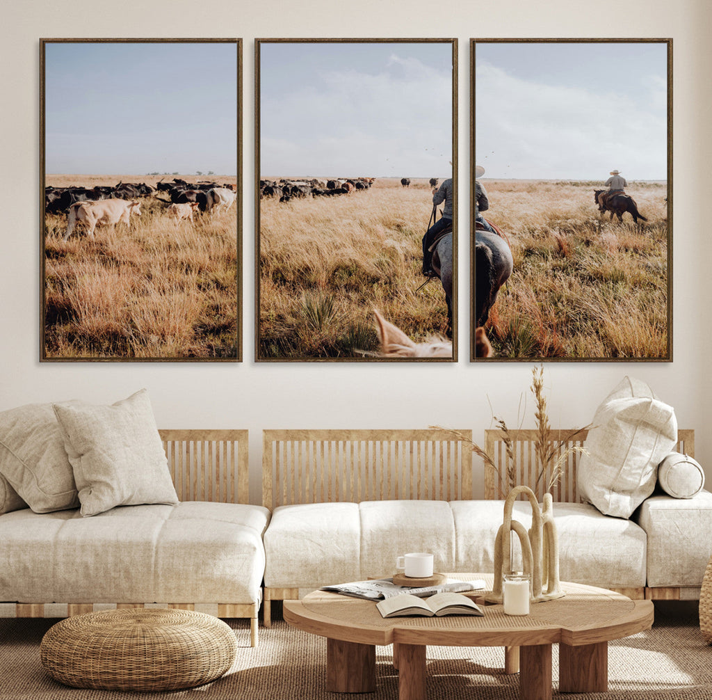 Western Wall Art Canvas Print, Framed Cowboy Cattle Drive Scene