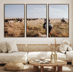 Western Wall Art Canvas Print, Framed Cowboy Cattle Drive Scene