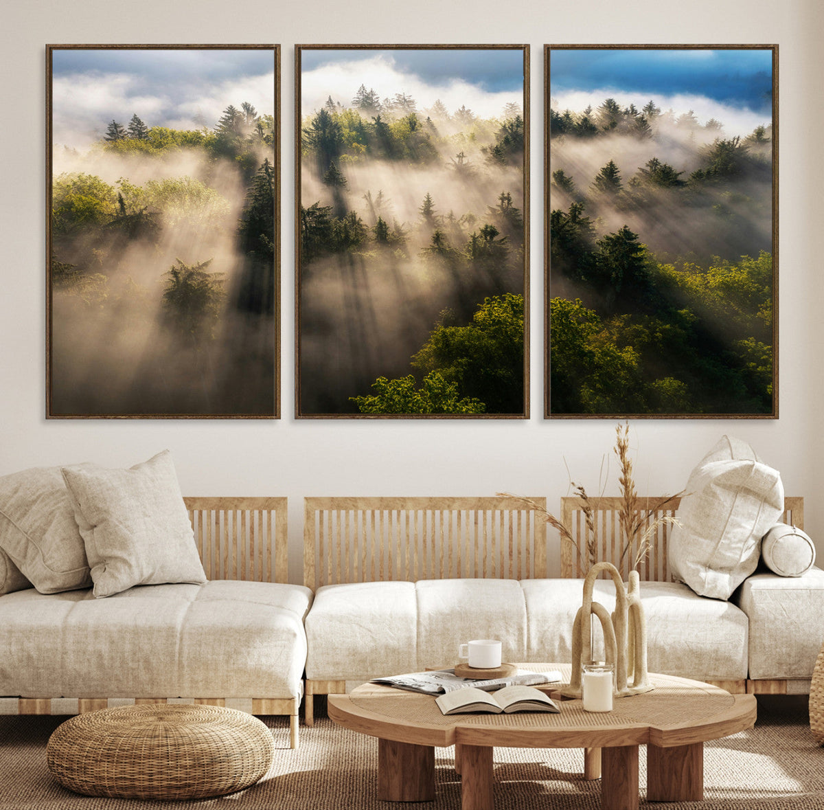 Tranquil Forest Scene Wall Art Canvas Print, Framed Moody Sunbeam Through Trees