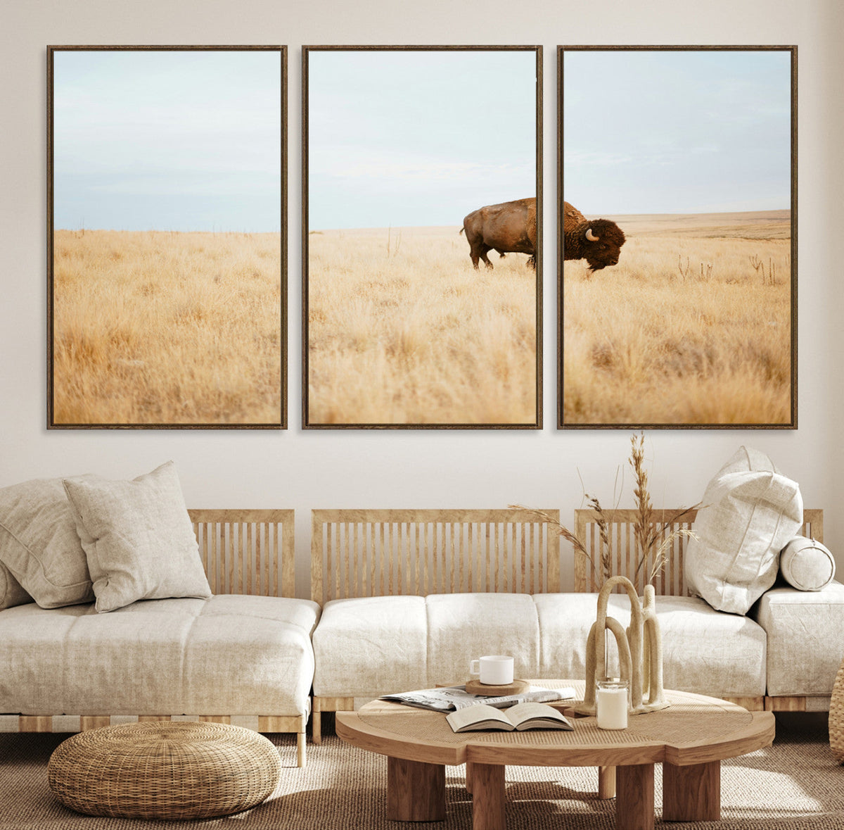 Buffalo Wall Art Canvas Print, Framed Western Wildlife Rustic Prairie Scene