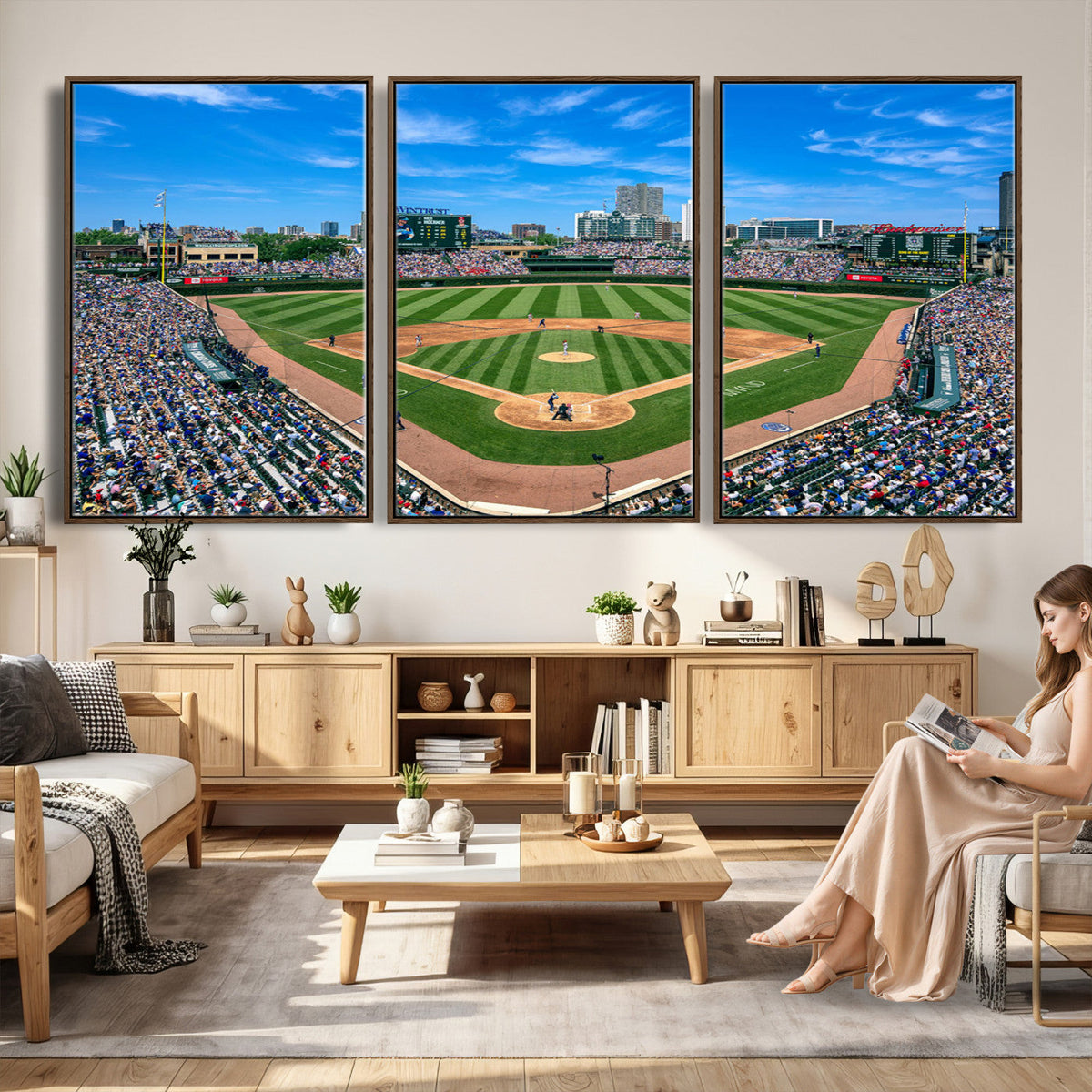 Wrigley Field Baseball Stadium Canvas Wall Art, Packed Crowd and Chicago Skyline