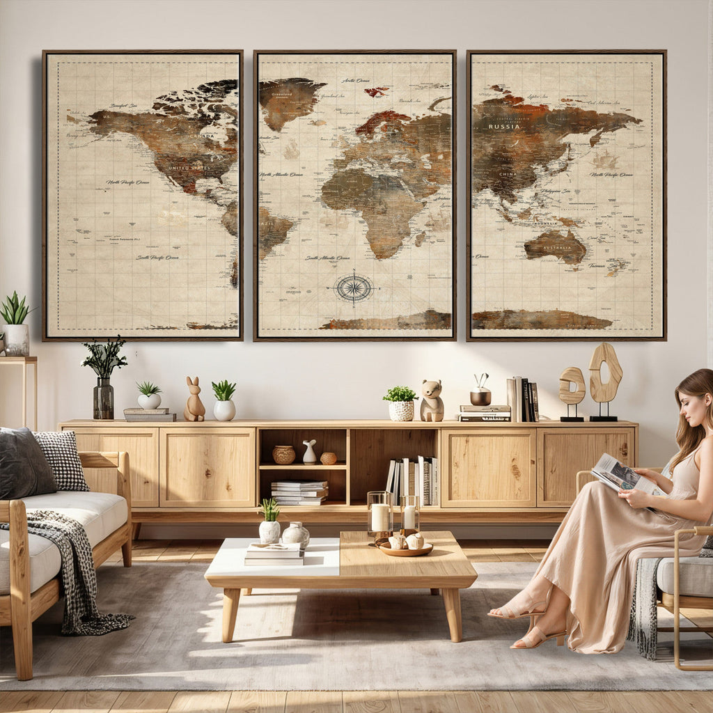 Vintage World Map Wall Art Canvas Print for Living Room, Office and Study