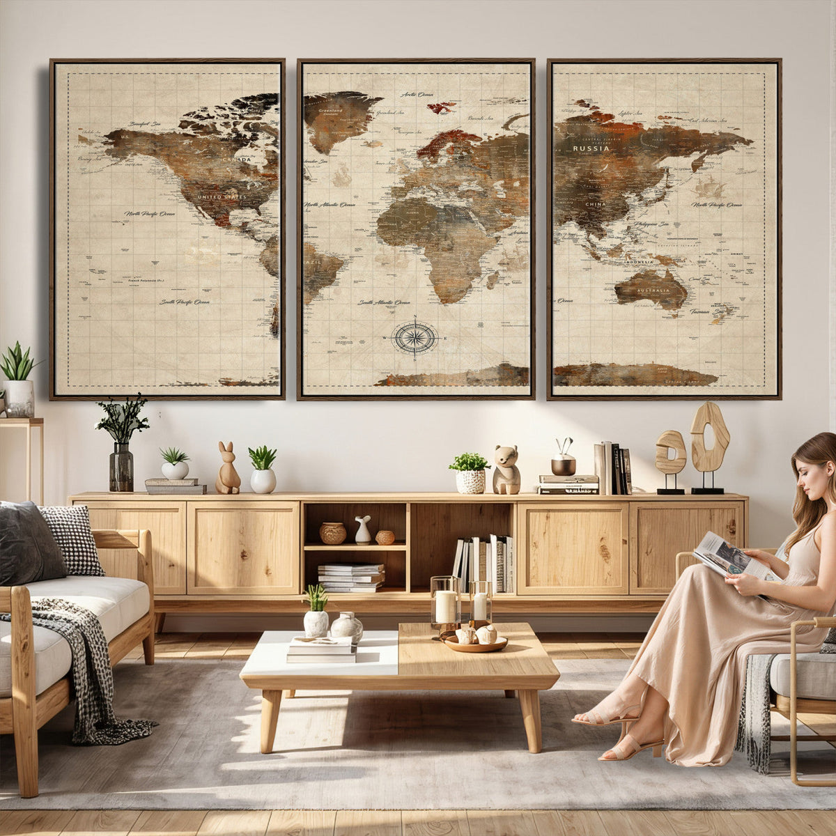 Vintage World Map Wall Art Canvas Print for Living Room, Office and Study