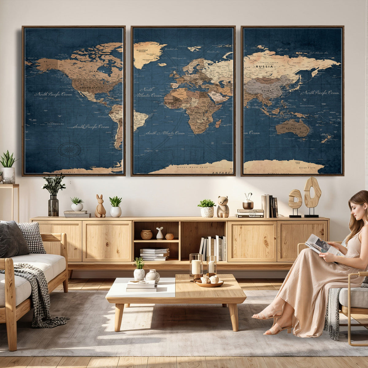 Navy Blue World Map Canvas Print | Framed Travel Map Wall Art