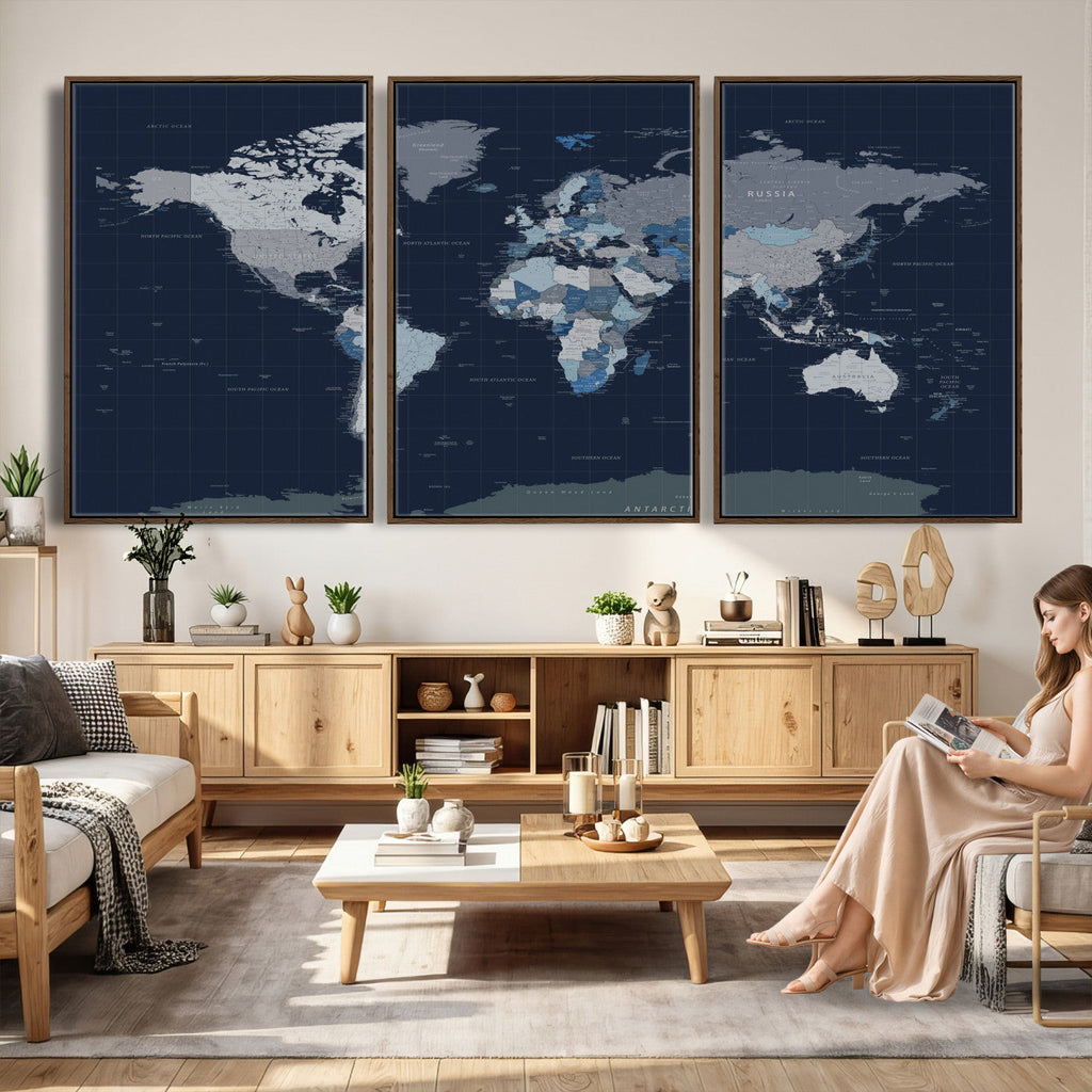 Blue Detailed World Map Wall Art Canvas Print | Modern Framed Map