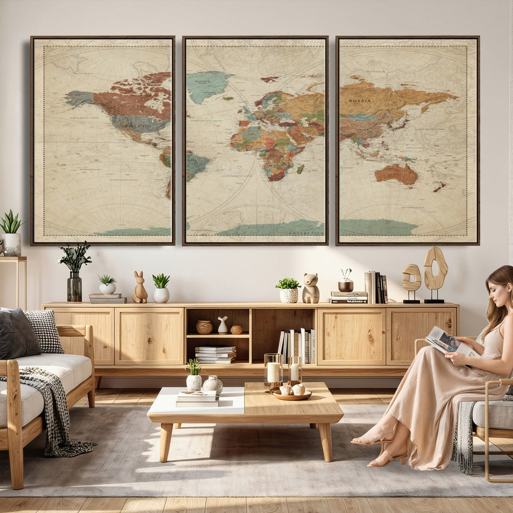 Vintage World Map Canvas Wall Art Print | Framed Modern World Map