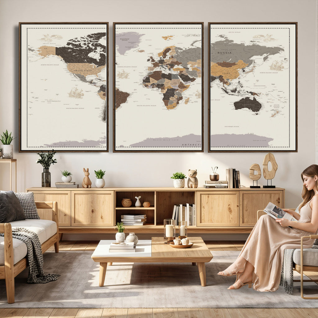 Custom Beige Modern Push Pin World Map Canvas Print, Places Visited Tracker, Bedroom and Study Decor