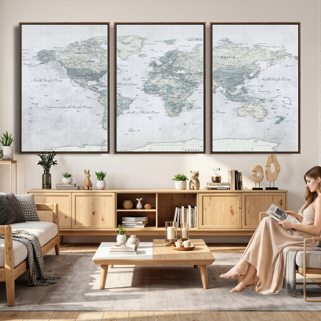 Push Pin World Map Canvas Print - Detailed Vintage World Map