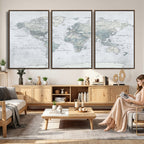 Push Pin World Map Canvas Print - Detailed Vintage World Map