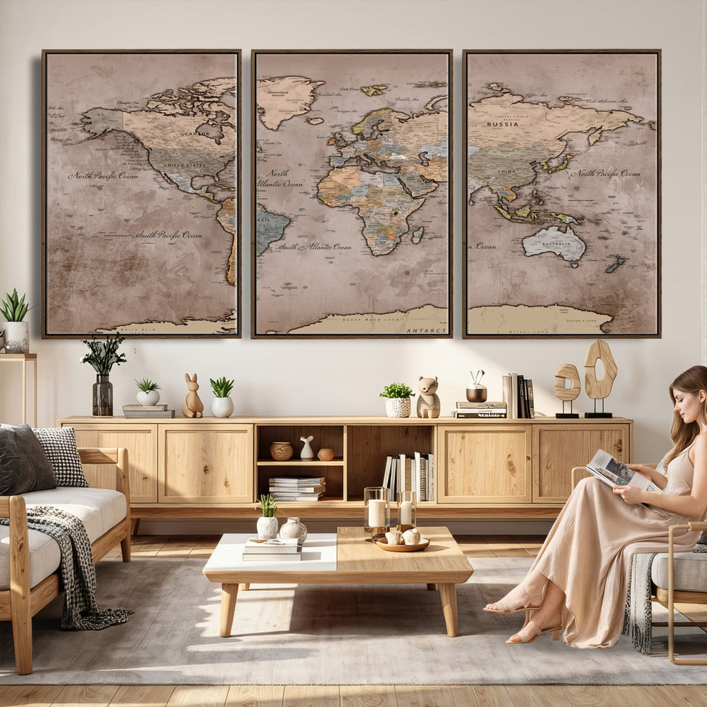Grunge World Map Canvas Wall Art - Vintage Aged World Map with Golden Tones