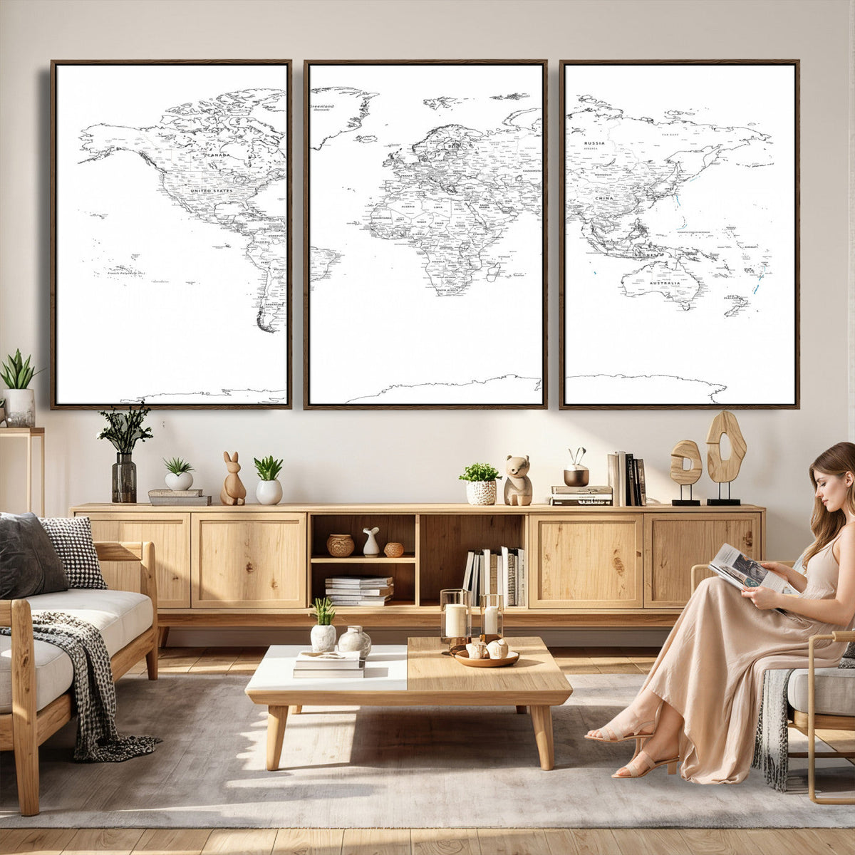 World Map Canvas Print, Framed Modern Detailed Map of the World for Home or Office