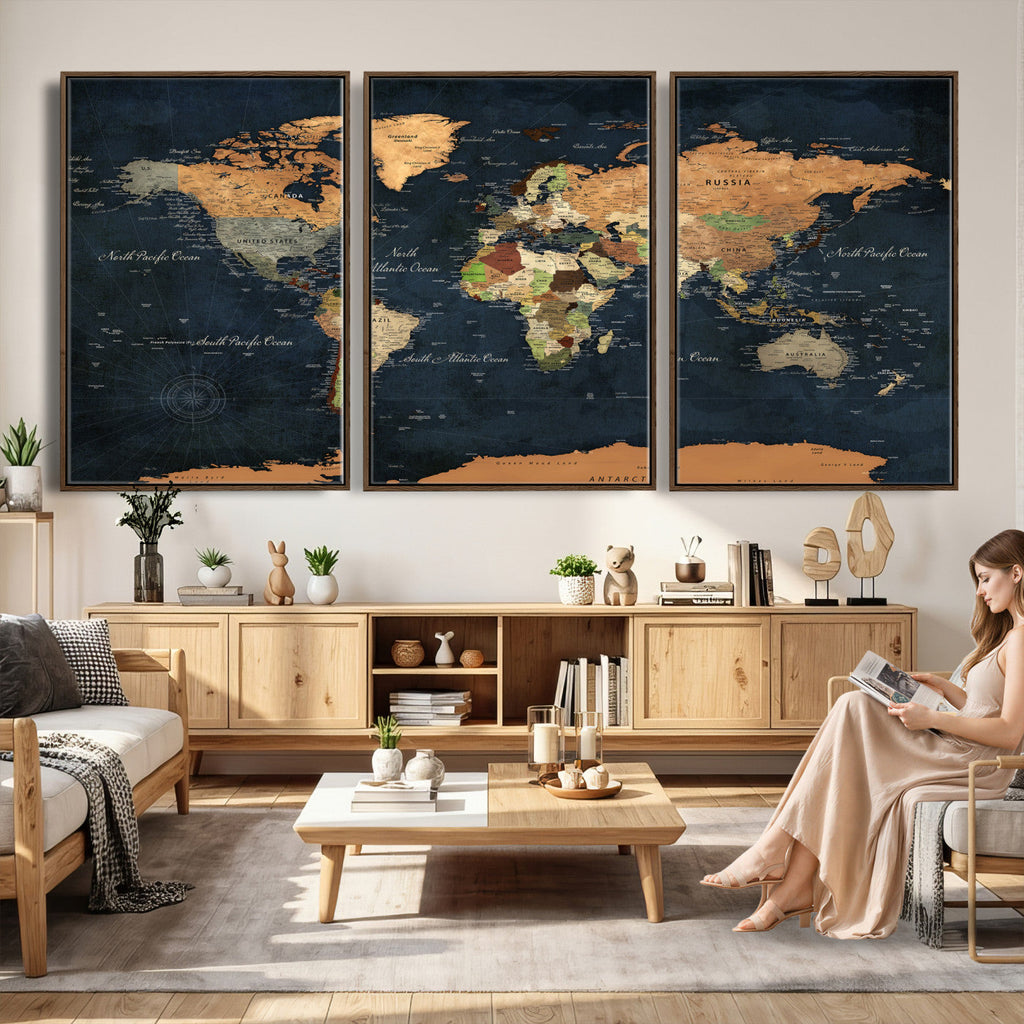 Vintage World Map Canvas Wall Art | Detailed Map with Countries, Oceans and Continents