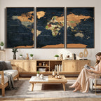 Vintage World Map Canvas Wall Art | Detailed Map with Countries, Oceans and Continents
