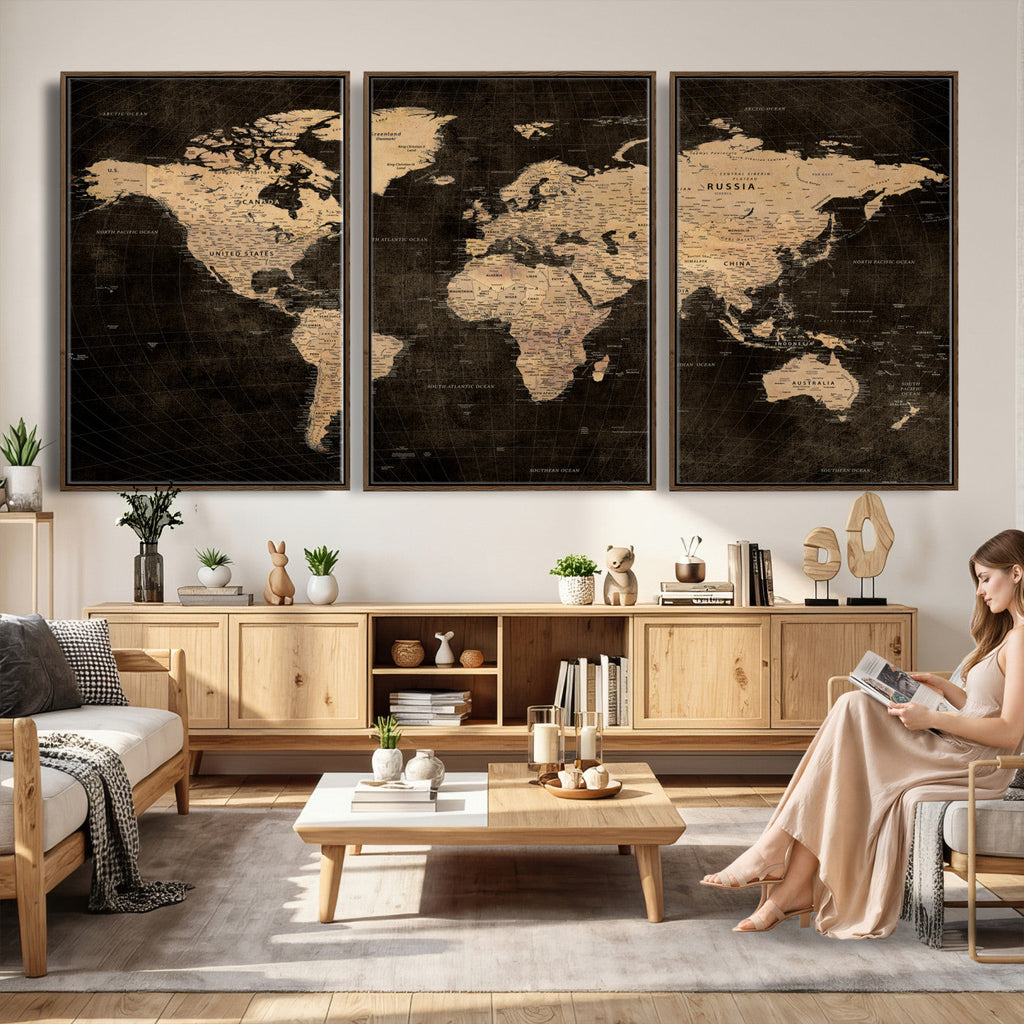 Brown World Map Canvas Print | Modern Travel Map Wall Art