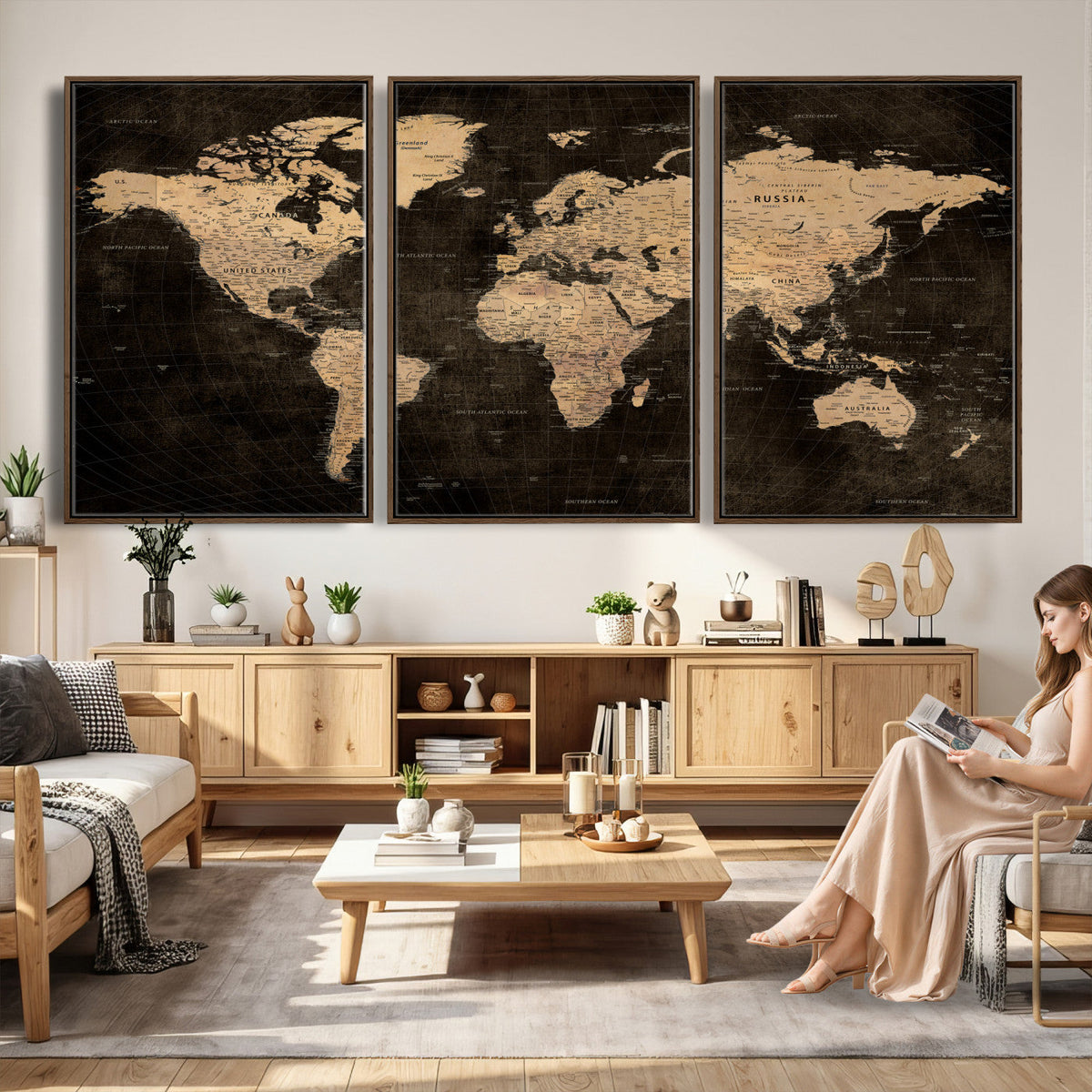 Brown World Map Canvas Print | Modern Travel Map Wall Art