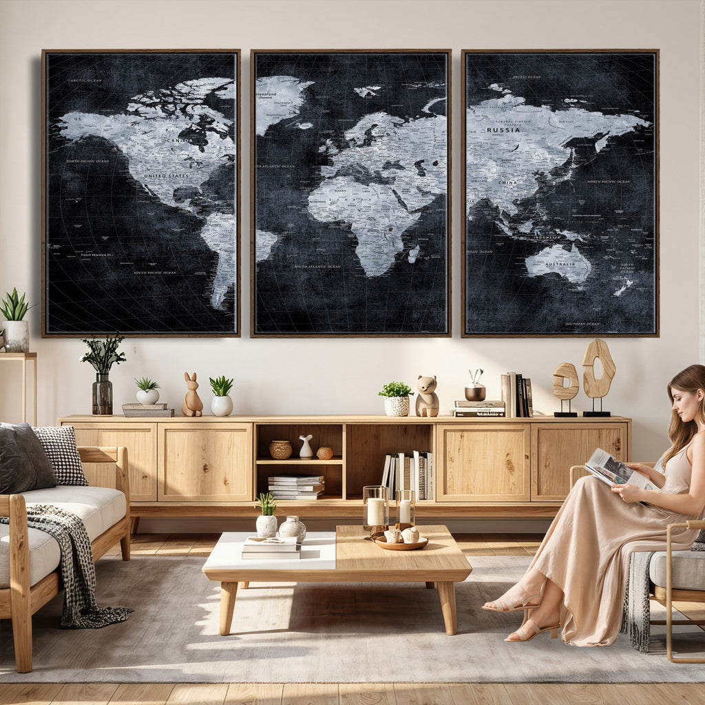 Black World Map Canvas Print | Detailed Map for Couples and Anniversary Gift