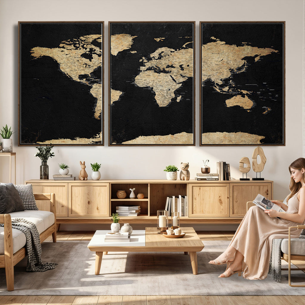 Beige World Map Canvas Wall Art Print, Minimal Black and Beige Map