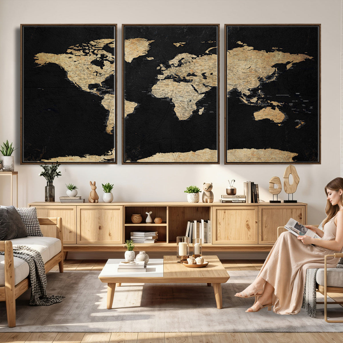 Beige World Map Canvas Wall Art Print, Minimal Black and Beige Map
