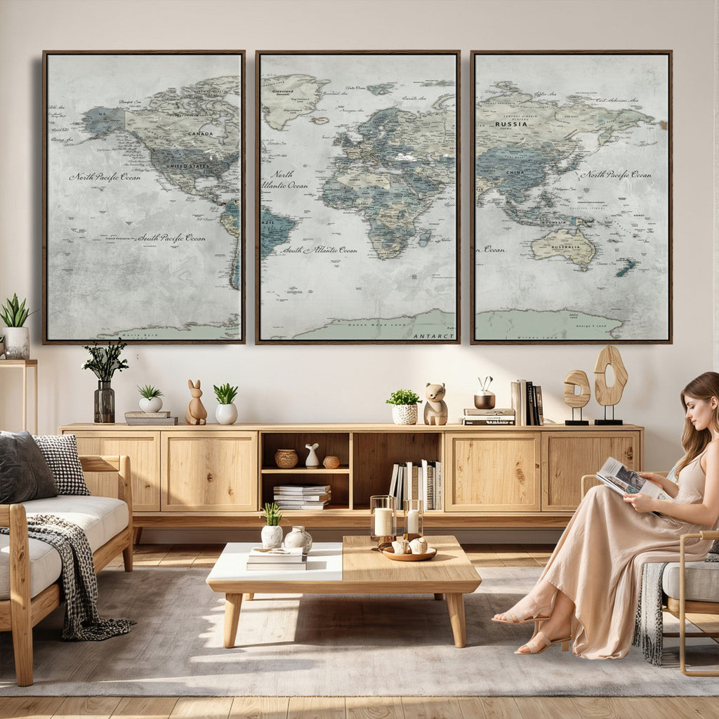 Neutral Vintage World Map Canvas Wall Art Print, Classic Map Artwork