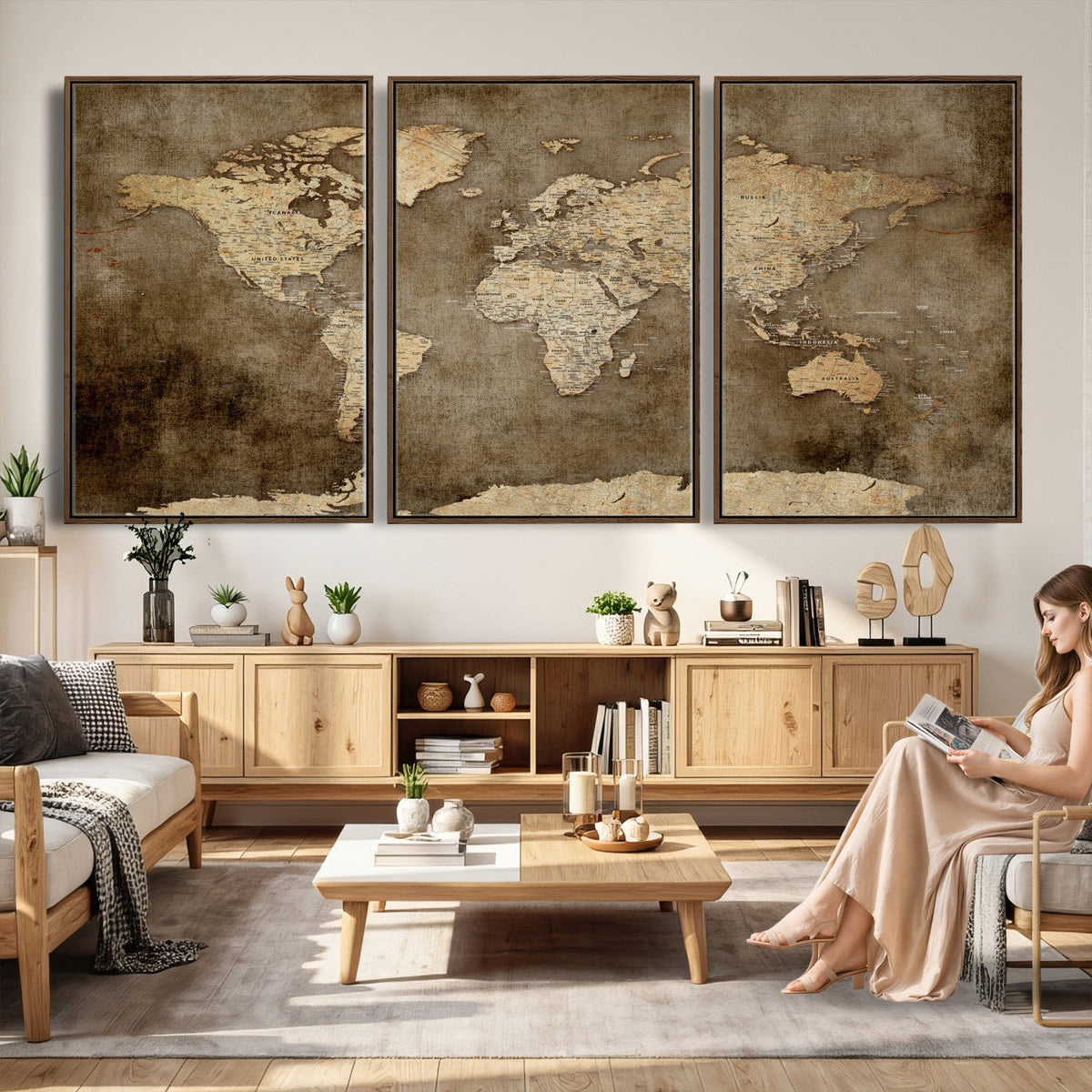 Dark Vintage World Map Canvas Wall Art Print, Antique Map Artwork