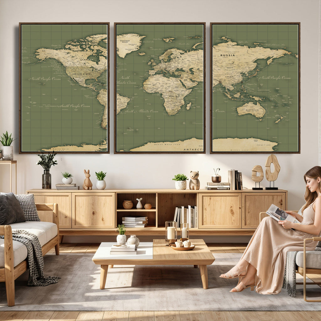 Vintage World Map Canvas Wall Art Print, Classic Global Map Artwork