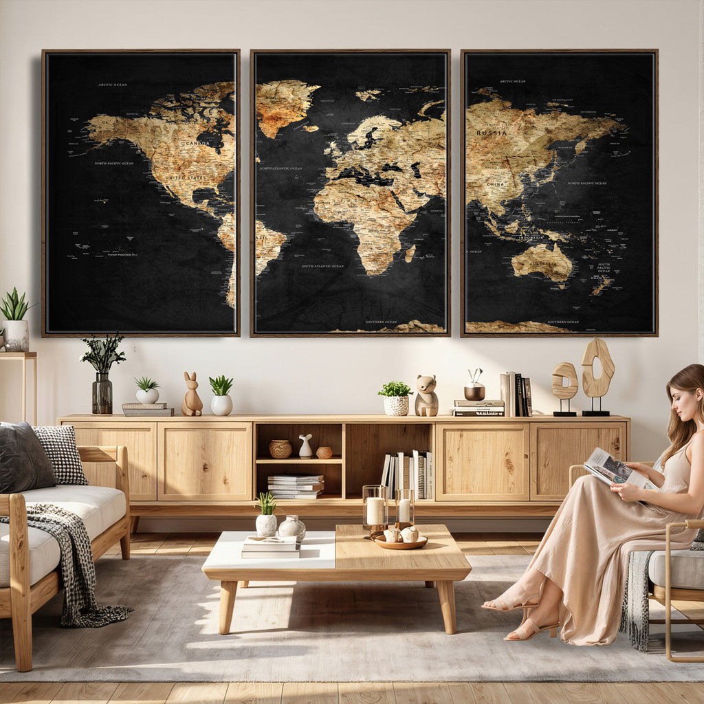 World Map Canvas Wall Art with Famous Landmarks | Framed Travel Map